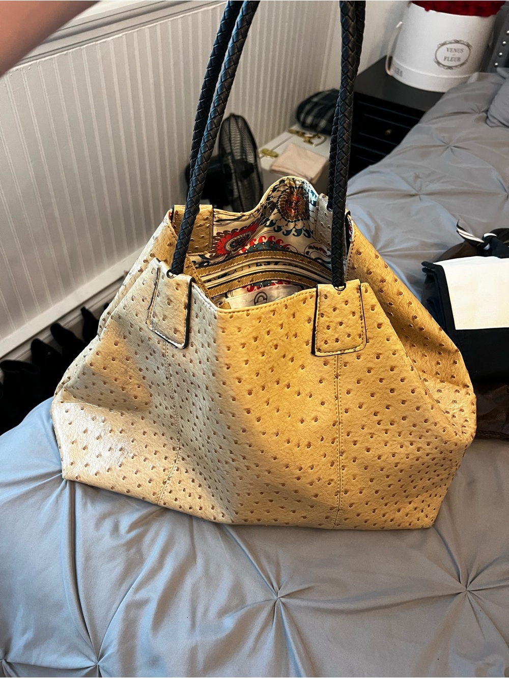 Women's Beige Ostrich-Texture Tote Bag with Black Handles